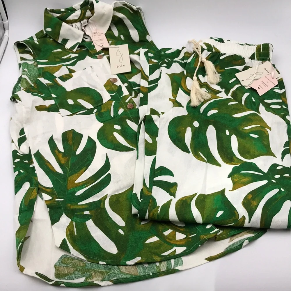 Joie Monstera Palm Leaf Linen Blend Tunic and Pants 2 Piece Set